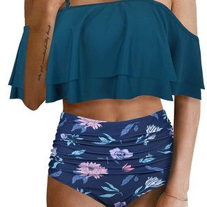 Two Piece High Waisted Off Shoulder Ruffled Bikini